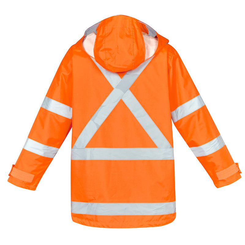Load image into Gallery viewer, Syzmik TTMC-W23 X-Back 4-in-1 Combo, a high-visibility orange rain jacket with reflective stripes, features a concealed hood, storm flap, and multiple pockets, ideal for safety and work environments.