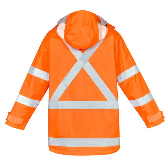 Syzmik TTMC-W23 X-Back 4-in-1 Combo, a high-visibility orange rain jacket with reflective stripes, features a concealed hood, storm flap, and multiple pockets, ideal for safety and work environments.