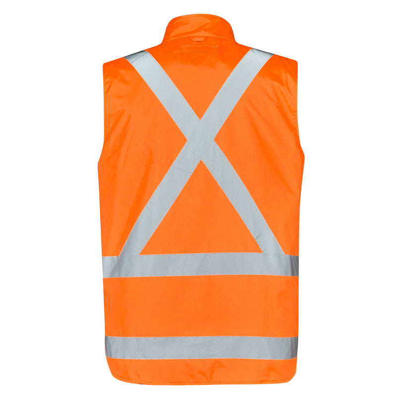 Load image into Gallery viewer, Syzmik TTMC-W23 X-Back 4-in-1 Combo, an orange reflective vest with grey stripes and a white X on the back, featuring a warm fleece lining and multiple pockets for safety and versatility.