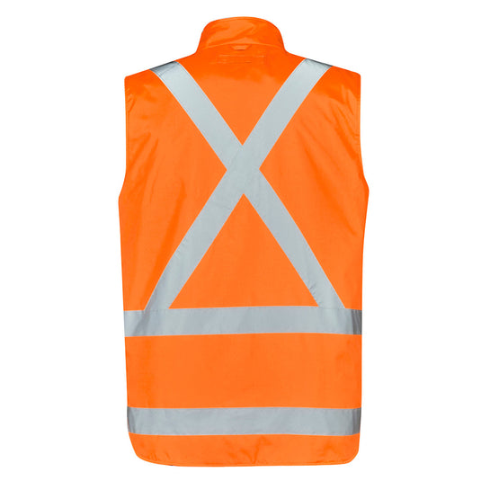 Syzmik TTMC-W23 X-Back 4-in-1 Combo, an orange reflective vest with grey stripes and a white X on the back, featuring a warm fleece lining and multiple pockets for safety and versatility.