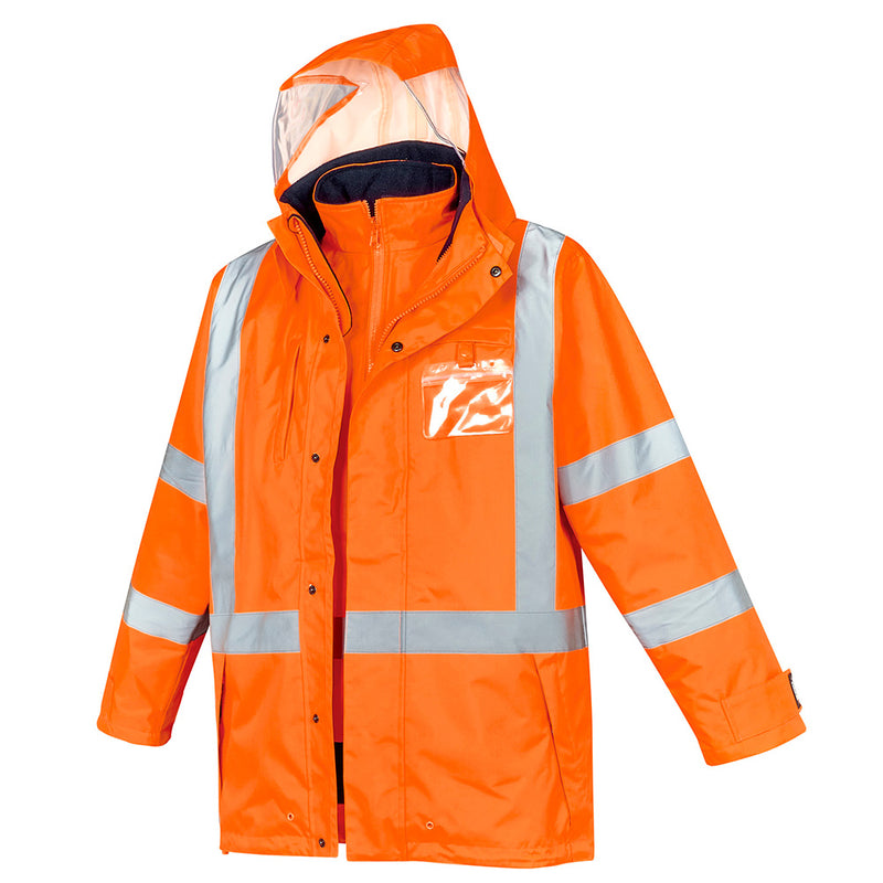 Load image into Gallery viewer, Syzmik TTMC-W23 X-Back 4-in-1 Combo, featuring an orange rain jacket with reflective stripes, a zipper, and a reversible fleece-lined vest. Ideal for safety with waterproof, breathable, and high-visibility features.