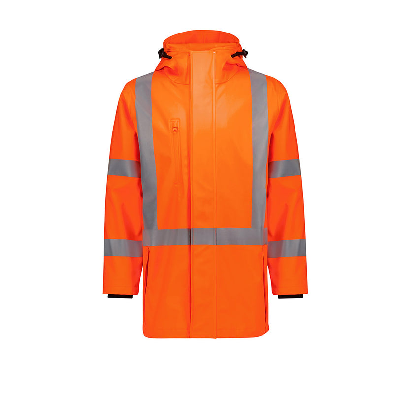 Load image into Gallery viewer, Syzmik Hi Vis TTMC-W23 X Back PU Rain Jacket with adjustable hood, hardened peak, Bio Motion tape, and waterproof zips, designed for enhanced safety and protection, ideal for workplace environments.