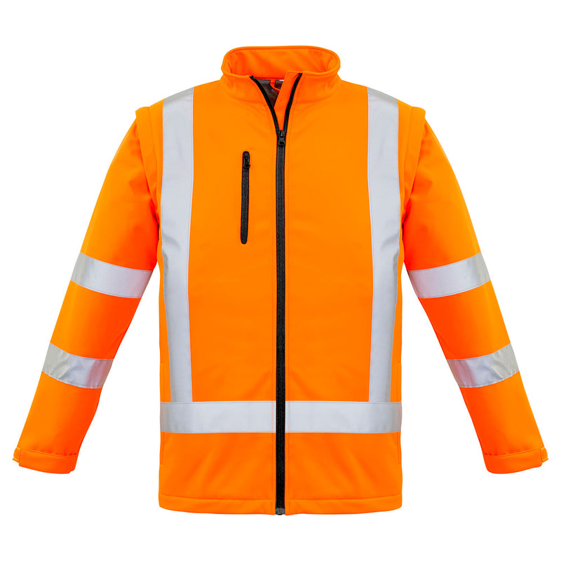 Load image into Gallery viewer, Syzmik 2-in-1 X Back Soft Shell Jacket with reflective stripes, featuring a detachable sleeve design, visible zippers, and protective high-visibility tape, ideal for safety and work environments.