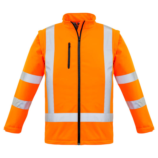 Syzmik 2-in-1 X Back Soft Shell Jacket with reflective stripes, featuring a detachable sleeve design, visible zippers, and protective high-visibility tape, ideal for safety and work environments.