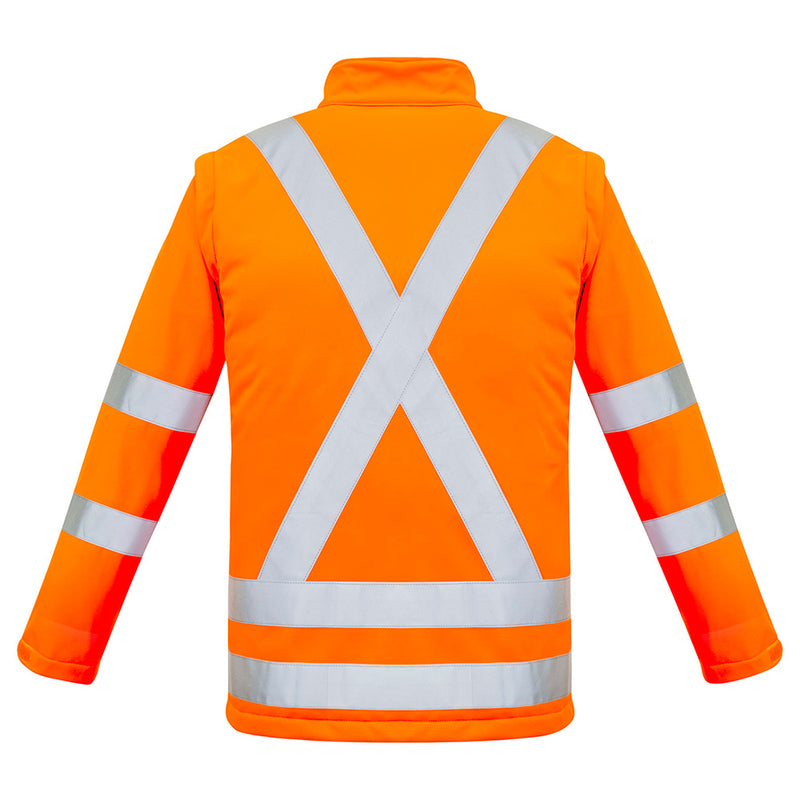 Load image into Gallery viewer, Syzmik 2-in-1 X Back Soft Shell Jacket featuring reflective stripes, detachable sleeves, and zippered front pockets, designed for high visibility and safety in workplace environments.