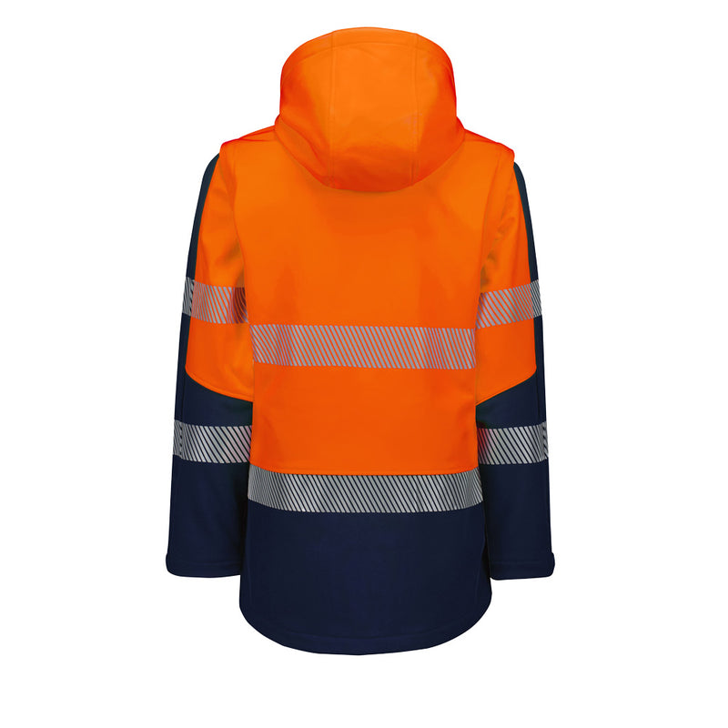 Load image into Gallery viewer, Syzmik Streetworx 2-in-1 Stretch Softshell Jacket features zip-off sleeves and hood, bio motion tape, cuff adjusters, and multiple pockets, engineered for women with a water-resistant and breathable design.