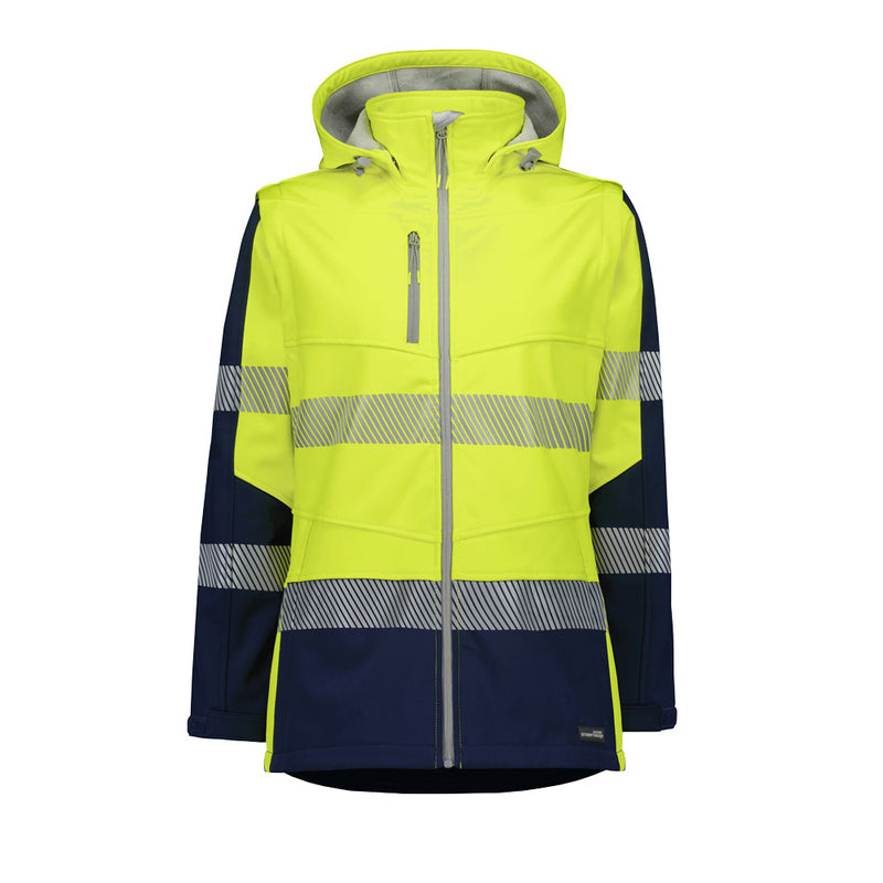 Load image into Gallery viewer, Syzmik Streetworx 2-in-1 Stretch Softshell Jacket with detachable sleeves and hood, featuring bio motion tape, multiple secure pockets, and a longer tail, designed for women's comfort and water resistance.