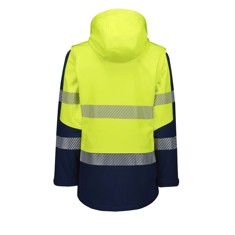 Load image into Gallery viewer, Syzmik Streetworx 2-in-1 Stretch Softshell Jacket features removable sleeves, a zip-off hood, and segmented tape, designed for comfort, movement, and protection. Ideal for active safety and workwear environments.