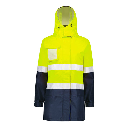 Syzmik Womens Ultralite Waterproof Jacket featuring reflective tape, concealed adjustable hood, and storm flap. Designed for optimal fit, it includes front and internal pockets, enhancing functionality for safety-focused work environments.