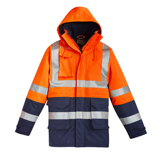 Syzmik FR Anti-Static Taped Jacket featuring reflective stripes, a concealed hood, and covered waist pockets, designed for safety with waterproof and heat-resistant materials, ideal for workplace protection.