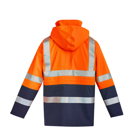 Syzmik FR Anti-Static Taped Jacket featuring reflective stripes and a concealed hood, showcasing seam-sealed construction and functional pockets, ideal for safety and workplace environments.