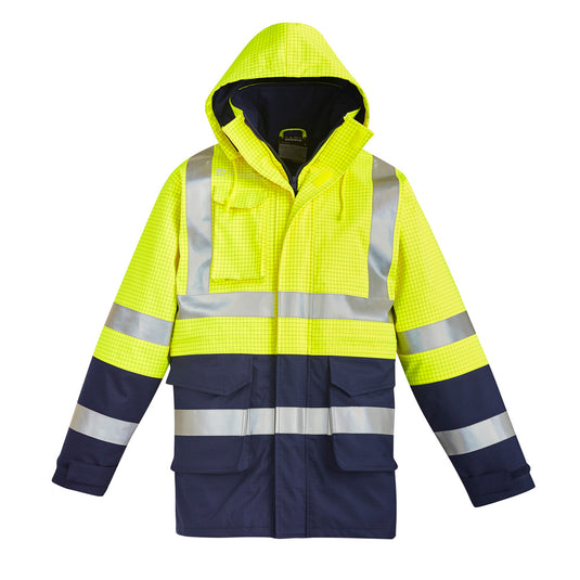 Syzmik FR Anti-Static Taped Jacket featuring reflective stripes, waterproof polyester, seam-sealed construction, and a concealed hood, ideal for safety in hazardous environments.