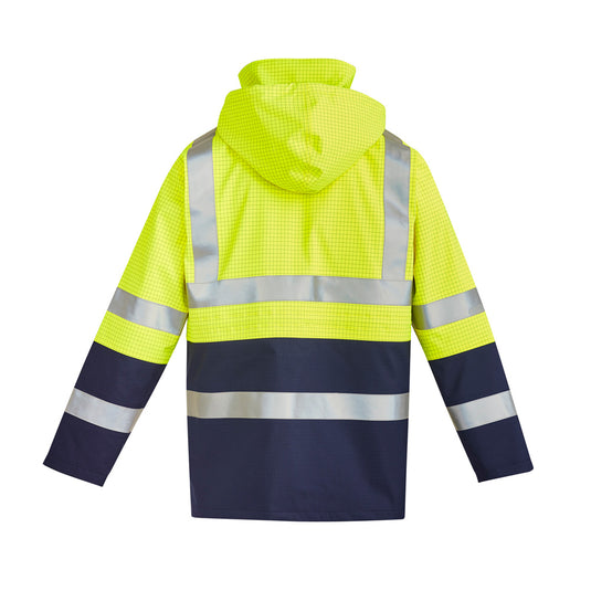 Syzmik FR Anti-Static Taped Jacket featuring reflective stripes, seam-sealed waterproof fabric, and a concealed hood, ideal for safety workwear. The jacket includes waist pockets and a chest phone pocket.