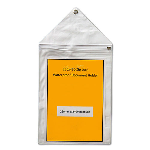 Zip Lock Waterproof Document Holder 250 x 450, featuring a waterproof PVC design with a metal eyelet for easy hanging. Ideal for protecting documents in safety-focused workplaces.