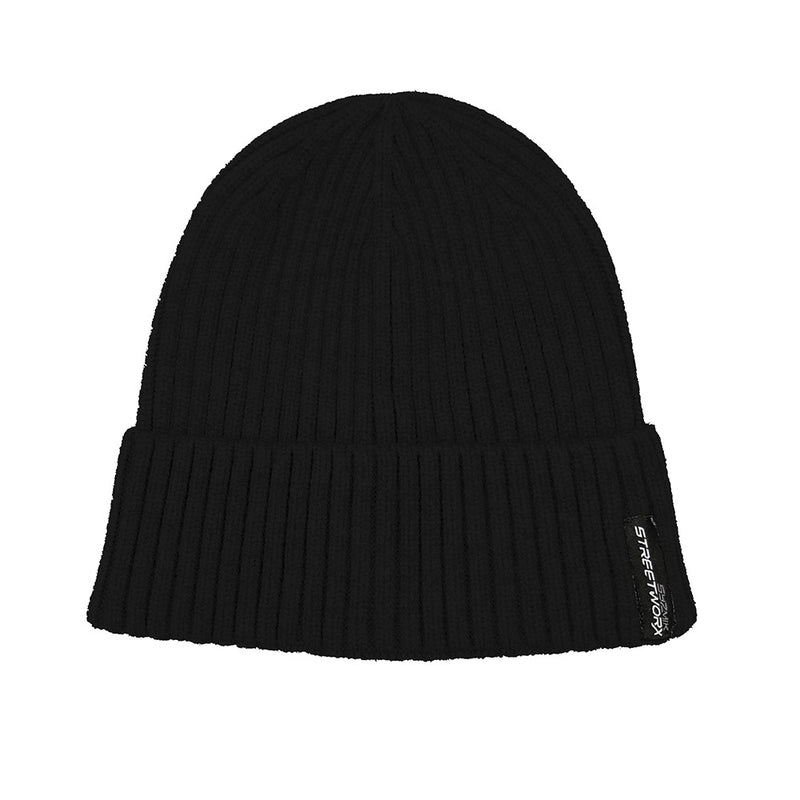 Load image into Gallery viewer, Syzmik Streetworx Beanie, a black knit cap, features a white label. Made from 100% acrylic, it offers warmth and comfort, ideal for winter and safety-focused environments.