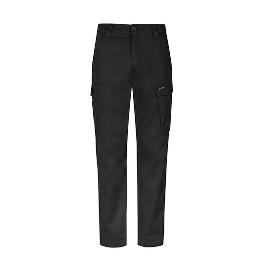 Syzmik Mens Essential Basic Stretch Cargo Pant featuring straight-leg cut, belt loops, and multiple functional pockets, designed for durability and comfort, ideal for workplace safety and movement flexibility.