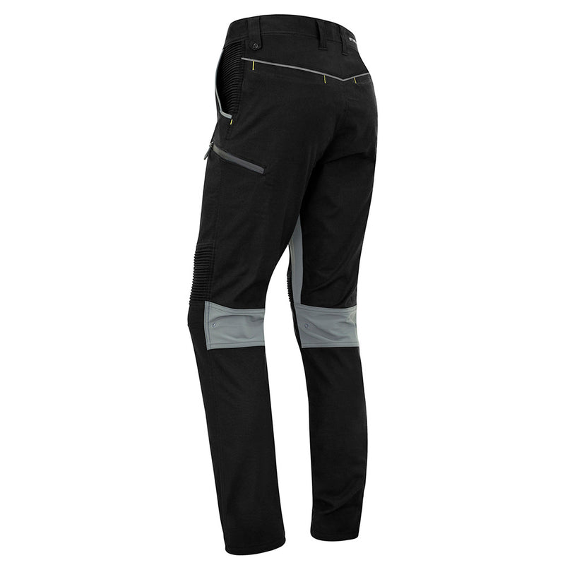 Load image into Gallery viewer, Syzmik Streetworx Stretch Pant (Non-Cuffed) featuring grey zippers and unique stretch pleating for enhanced movement. Includes multiple pockets with bonded zips and reflective waistband detail, ideal for active work environments.