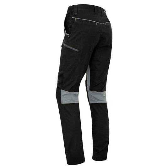 Syzmik Streetworx Stretch Pant (Non-Cuffed) featuring grey zippers and unique stretch pleating for enhanced movement. Includes multiple pockets with bonded zips and reflective waistband detail, ideal for active work environments.