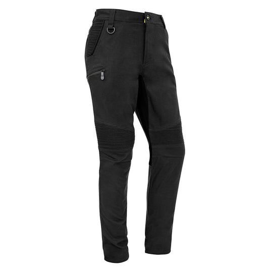 Syzmik Streetworx Stretch Pant (Non-Cuffed) featuring modern slim fit, stretch pleating at front, and reflective waistband print. Designed with multiple pockets and durable 4-way stretch panels for enhanced mobility.