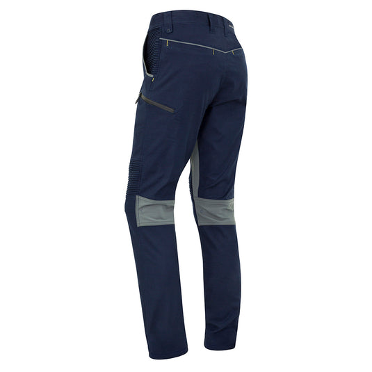 Syzmik Streetworx Stretch Pant (Non-Cuffed) with grey zippers, featuring stretch panels, pleated front pockets, and multiple pockets for functionality; ideal for active work environments.
