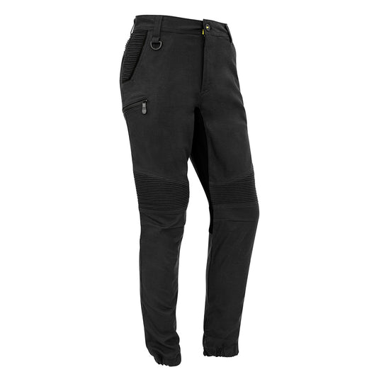 Syzmik Streetworx Stretch Pant featuring a modern slim fit with elastic cuff hem, stretch pleating for flexibility, and multiple functional pockets, perfect for active workplace environments.