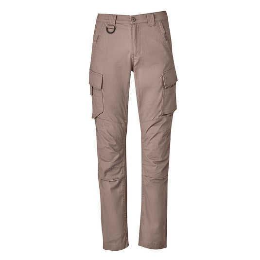 Syzmik Streetworx Curved Cargo Pant featuring multiple pockets, curved leg panels for 3D shape, and durable double-layer knee fabric, designed for comfort and utility in active work environments.