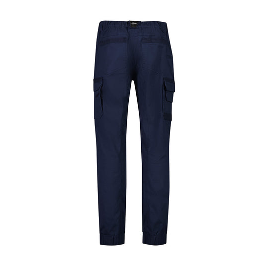 Syzmik Streetworx Heritage Cuffed Pant features durable canvas weave, elasticated waist, cuffed hem, double-layered knee, triple-stitched crotch, ample pockets for tools, ensuring comfort and resilience for demanding work environments.
