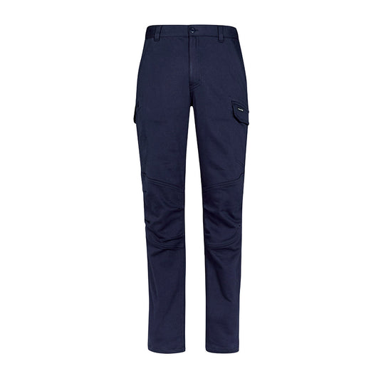 Syzmik Streetworx Comfort Pant showcases durable workwear design with a cargo pocket, mobile phone pocket, and knee reinforcement. Offers stretch fabric and waistband for enhanced comfort and movement on worksites.