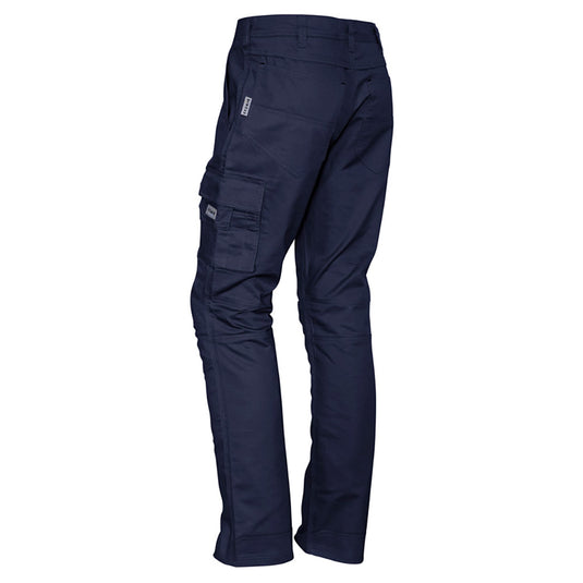 Syzmik Rugged Cooling Cargo Pant featuring a dark blue design, multiple functional pockets, and reinforced stress points. Ideal for active safety environments, providing freedom of movement with mechanical stretch and enhanced durability.