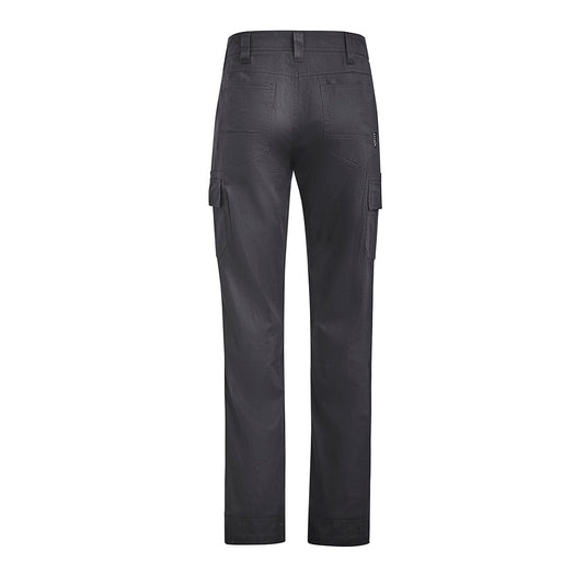 Syzmik Lightweight Drill Cargo Pant with modern slim fit features, highlighted by reinforced knees, diamond crotch panel, and multiple pockets, ideal for active workplace wear, aligning with Active Safety's focus on durable workwear.