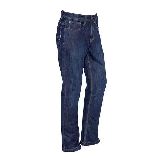 Syzmik Mens Stretch Denim Blue Work Jeans feature a modern straight leg, reinforced seams, and 5-pocket styling, ideal for durability and flexibility in active safety and workplace environments.
