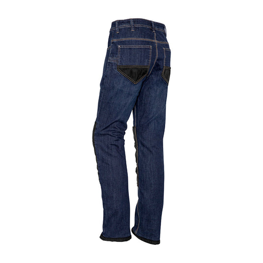 Syzmik Heavy Duty Cordura Stretch Denim Jeans featuring Cordura® knee patches for Syzmik Knee Pad compatibility, straight leg stretch fit, reinforced stress points, and extra functionality with a ruler pocket, ideal for safety-conscious work environments.