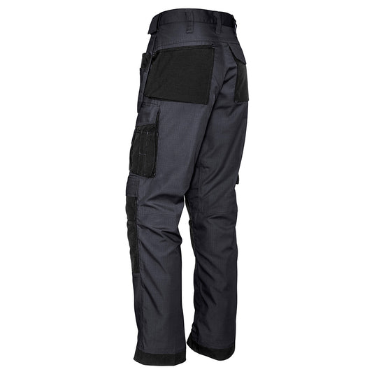 Syzmik Ultralite Multi Pocket Pant featuring durable black fabric with Cordura® patches, two swing-away pockets for tool storage, showcased with a close-up of the pocket and fabric texture.