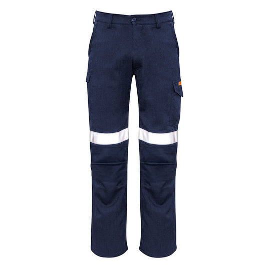 Syzmik Mens Taped Cargo Pant 10 Cal with double knee layers, side and back pockets with flaps, reflective tape, and breathable antistatic fabric, designed for comfort and durability in safety environments.