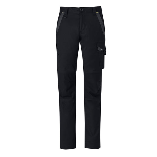 Syzmik Streetworx Tough Pant showcasing reinforced knees, multiple utility pockets, including a mobile phone pocket, and durable stitching, ideal for active work environments associated with safety and functionality.