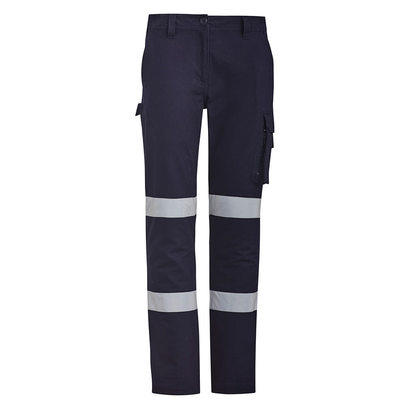 Load image into Gallery viewer, Syzmik Womens Bio Motion Taped Pant featuring reflective stripes and multiple pockets, including a cargo pocket with a side zip. Tailored fit, ideal for safety-conscious work environments.