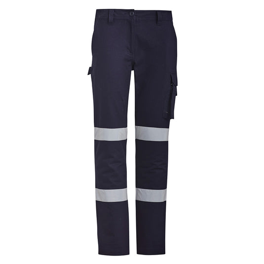 Syzmik Womens Bio Motion Taped Pant featuring reflective stripes and multiple pockets, including a cargo pocket with a side zip. Tailored fit, ideal for safety-conscious work environments.