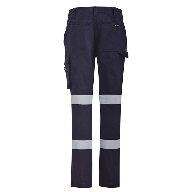 Load image into Gallery viewer, Syzmik Womens Bio Motion Taped Pant featuring bio motion tape for enhanced visibility, large cargo pocket with side zip, and multiple utility pockets, designed for safety and practicality in workplace environments.