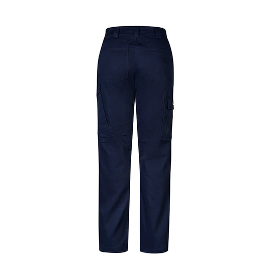 Syzmik Womens Essential Basic Stretch Cargo Pant featuring straight-leg design, rear patch pockets, and side cargo pockets. Ideal for practical wear, blending durability and comfort with triple-stitched seams.