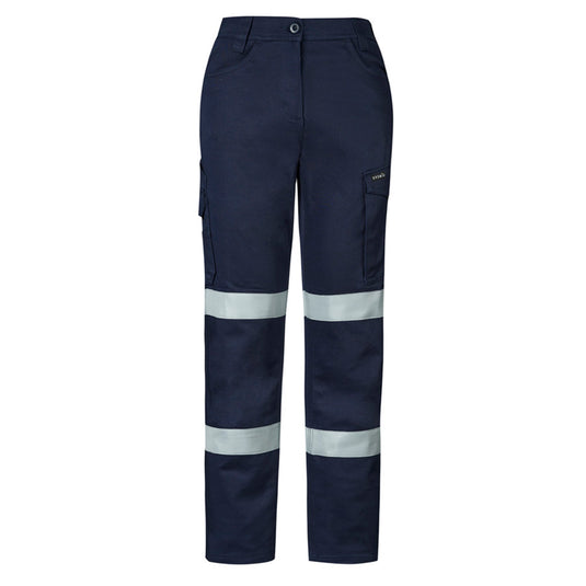 Syzmik Womens Essential Stretch Taped Cargo Pant with reflective stripes, featuring oversized cargo pockets, mobile phone holder, and multiple pockets for functionality, designed for comfort and safety in work environments.