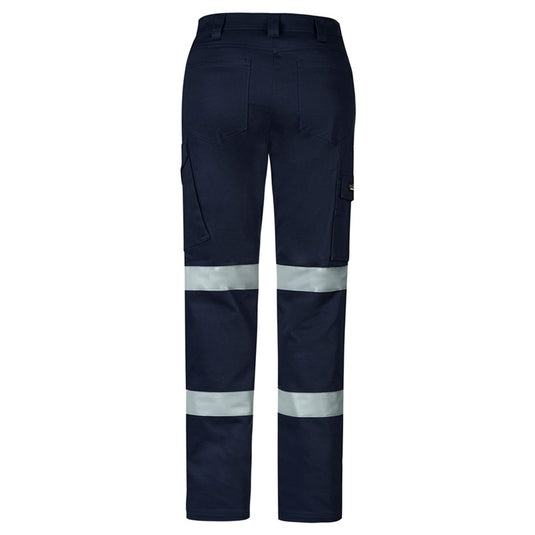 Syzmik Womens Essential Stretch Taped Cargo Pant featuring reflective stripes and multiple pockets, designed for safety and functionality. Ideal for work environments requiring comfort, durability, and enhanced visibility.