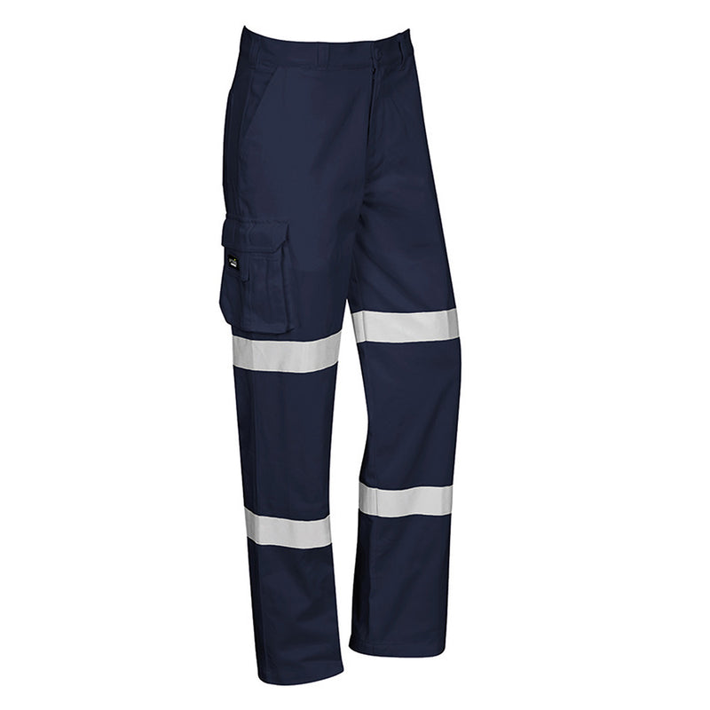 Load image into Gallery viewer, Syzmik Bio Motion Taped Pant featuring white stripes and durable cotton drill fabric. Designed with multiple pockets and compliant with safety standards for night-time road work visibility.