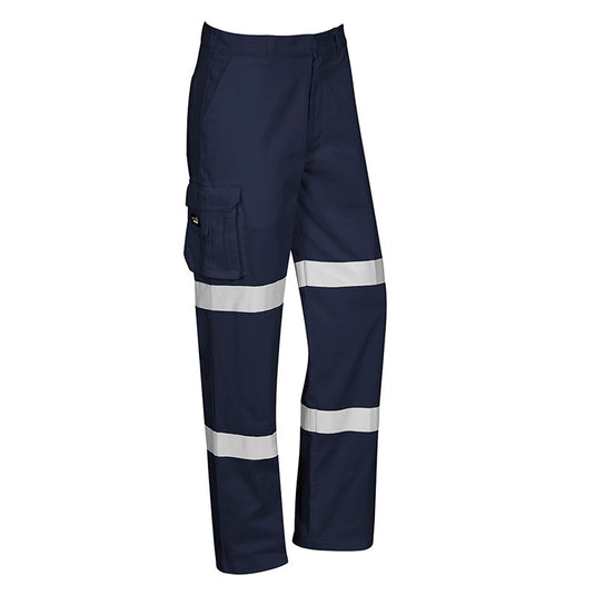 Syzmik Bio Motion Taped Pant featuring white stripes and durable cotton drill fabric. Designed with multiple pockets and compliant with safety standards for night-time road work visibility.