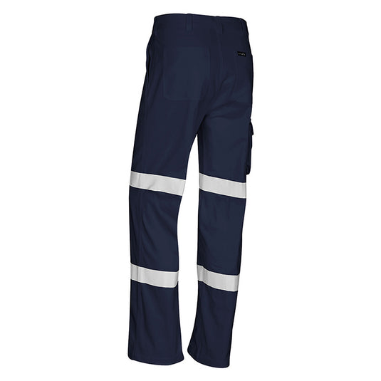 Syzmik Bio Motion Taped Pant featuring white striped detailing, double hoop leg tape for enhanced visibility, large cargo pocket with side zip, and multiple hip pockets, ideal for safety and work environments.
