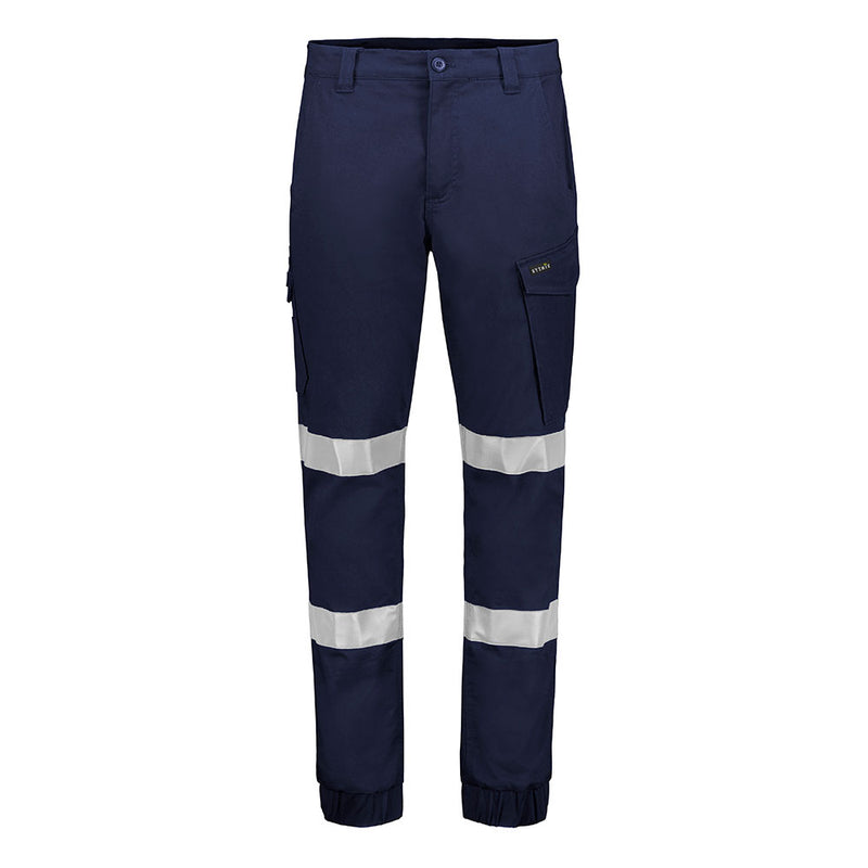 Load image into Gallery viewer, Syzmik Essential Stretch Taped Cuffed Cargo Pant, Navy, featuring high-visibility reflective bands, elasticized cuffs, multiple pockets, and triple-stitched seams, designed for enhanced comfort and durability in active work environments.