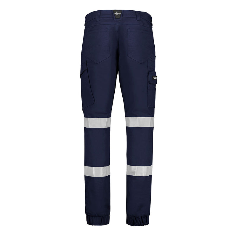 Load image into Gallery viewer, Syzmik Essential Stretch Taped Cuffed Cargo Pant, Navy, features reflective bands, multiple pockets, elasticated cuffs, and a slim fit, designed for durability and comfort in industrial settings.