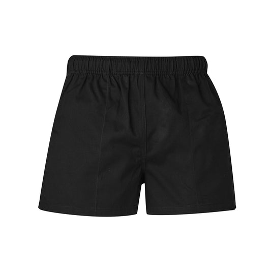 Syzmik Cotton Rugby Shorts featuring a durable, lightweight 240 gsm cotton twill. Designed with an elastic waist and drawstring, they include two side pockets and one back pocket, ideal for active work environments.