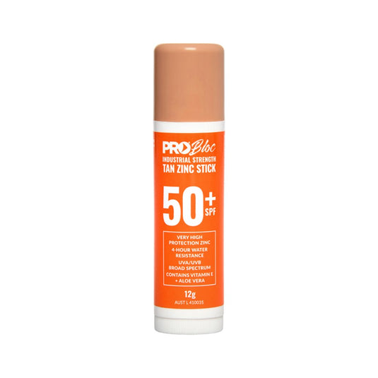 Pro Bloc SPF 50+ Zinc Stick in a tan container with white text, ideal for worksite and recreational use. Offers SPF 50+ protection, water resistance, and skin-friendly formula, aligning with Active Safety's workplace-focused offerings.
