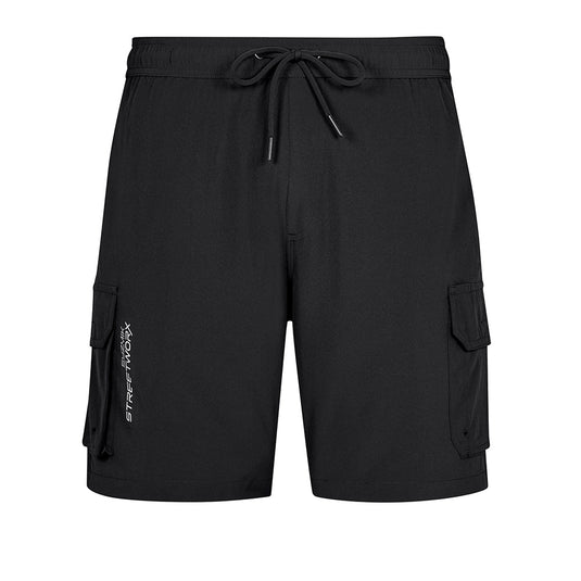 Syzmik Streetworx Stretch Board Short featuring a contrast drawstring waist, multiple pockets with drainage holes, and reinforced stress points, designed for comfort and mobility. Ideal for active work environments.