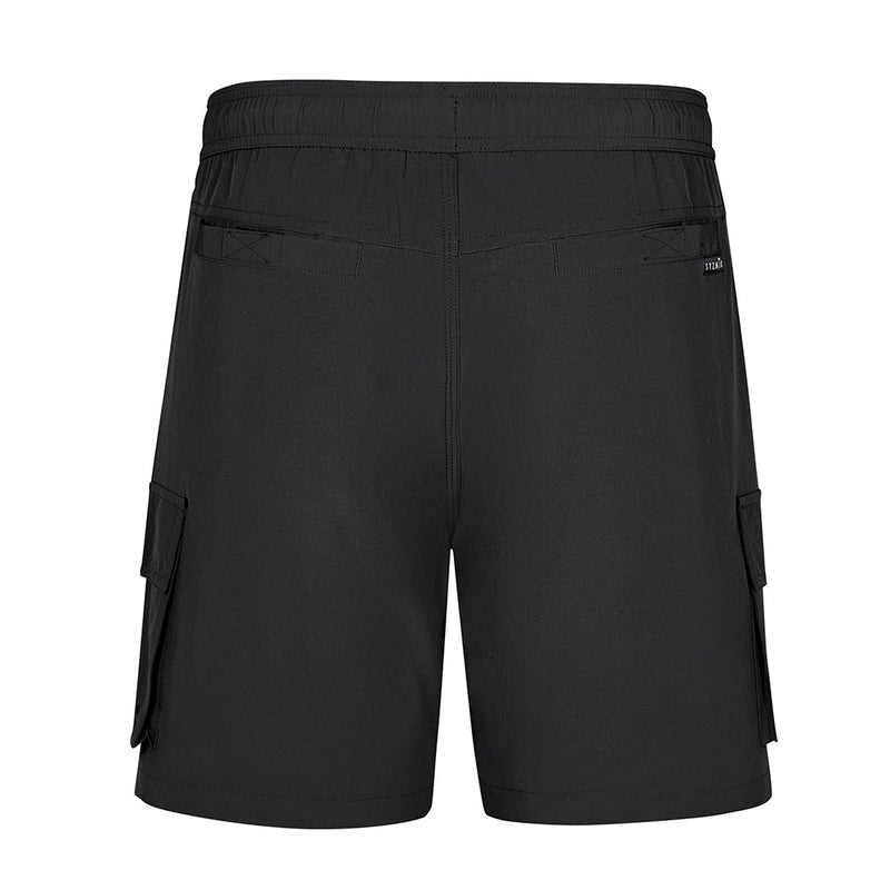 Load image into Gallery viewer, Syzmik Streetworx Stretch Board Short featuring multiple pockets with drainage holes, a contrast drawstring waist, and reflective branding, designed for comfort and functionality at work and during water activities.